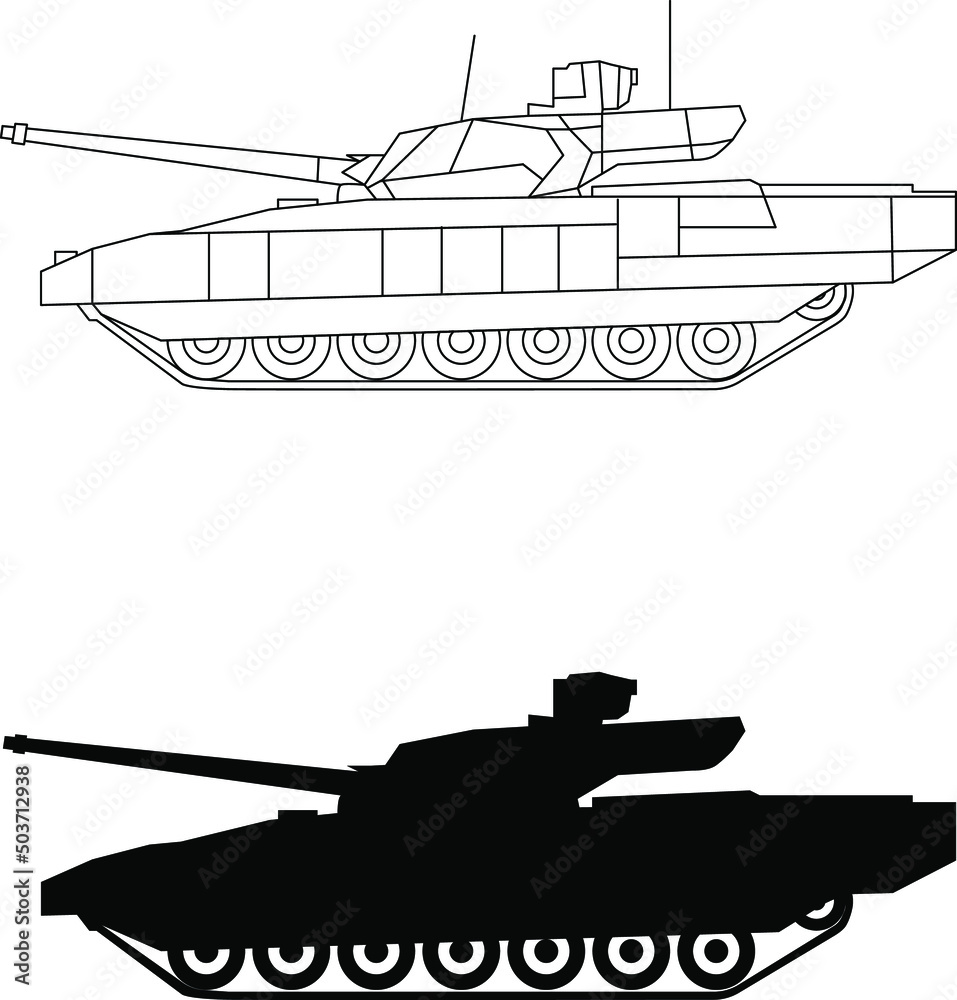 Tank abrams or t 90 icon, drawing, diagram and silhouette of the tank vector image.