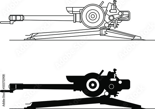 Howitzer icon, drawing, diagram and silhouette vector image.