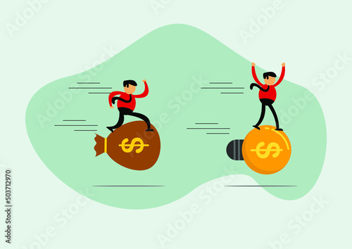 Vector illustration of businessman cartoon character competing using ideas and money, Commonly used for all content about "money and business"