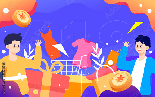 People are celebrating a shopping spree festival with various gift boxes and shopping bags in the background, vector illustration
