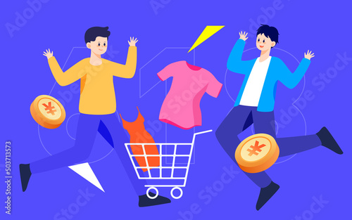 People are celebrating a shopping spree festival with various gift boxes and shopping bags in the background, vector illustration