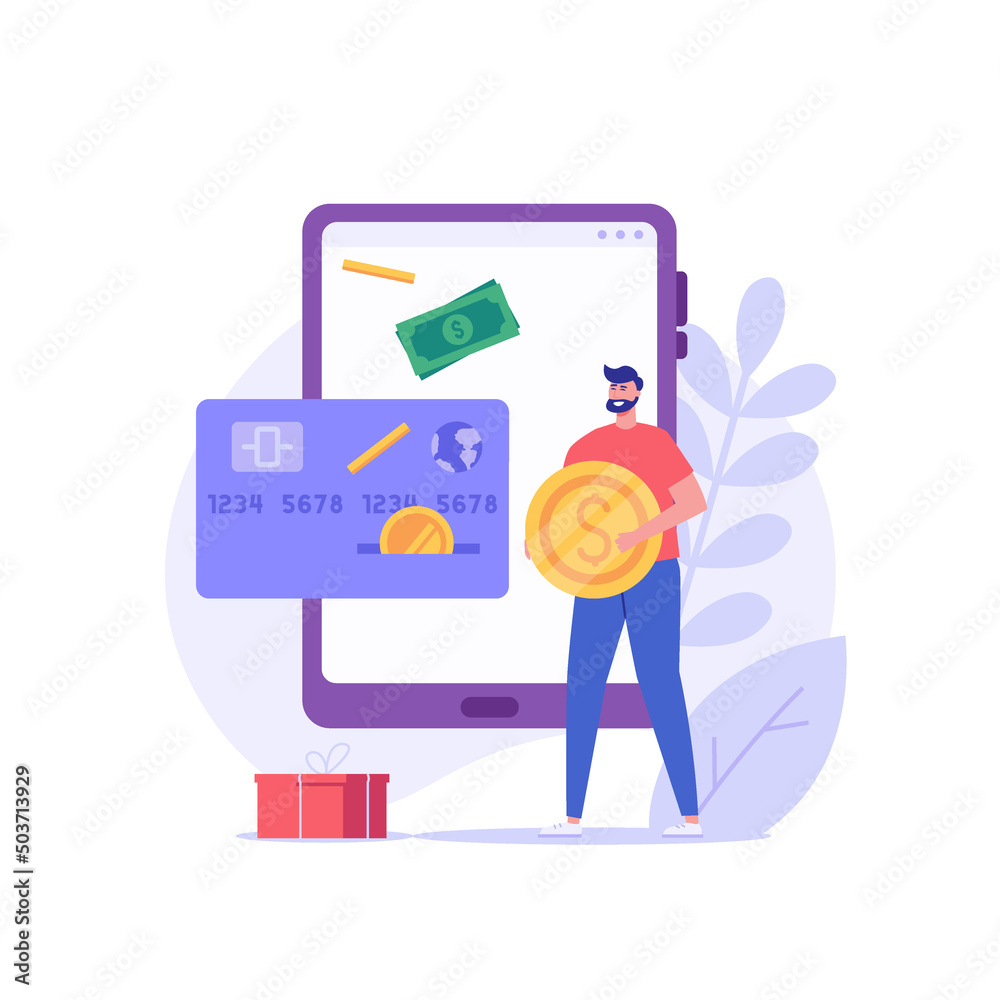 Man receives bonuses on the card. Concept of cashback service, discount and loyalty card, customer service, online shopping, earn point. Vector illustration in flat design Man receives bonuses on the card. Concept of cashback service, discount and loyalty card, customer service, online shopping, earn point. Vector illustration in flat design