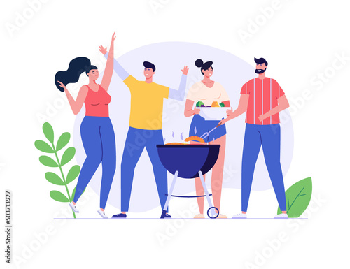 Barbecue party concept. People at a picnic cooking a barbecue grill outdoors. Barbecue party banners with dancing people at picnic on white background. Vector illustration.