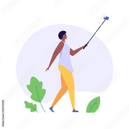Happy afro woman making selfie. Young black woman watching in screen of smartphone. Concept of selfie, photography, calling, self esteem. Vector illustration in flat design