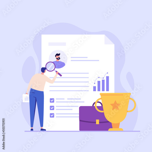 Concept of job search, employees hiring, search for job candidates, join our team. HR manager searching candidate with best cv portfolio. Recruitment search. Vector illustration in flat design