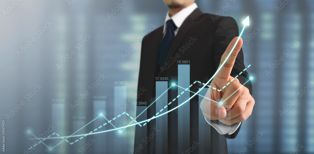 Businessman plan graph growth and increase of chart positive indicators ...
