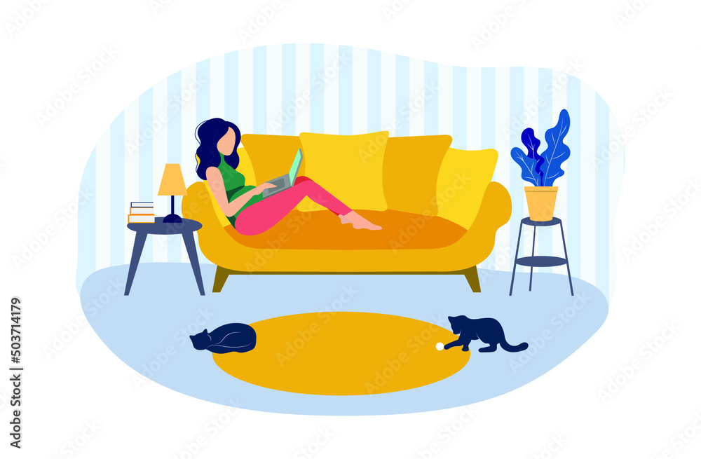 Vector Pregnant Woman Working on Sofa from Home, Remote Job Concept Interior Room and Playing Cats Illustration Isolated on White Flat Design. Vector Pregnant Woman Working on Sofa from Home, Remote Job Concept Interior Room and Playing Cats Illustration Isolated on White Flat Design.