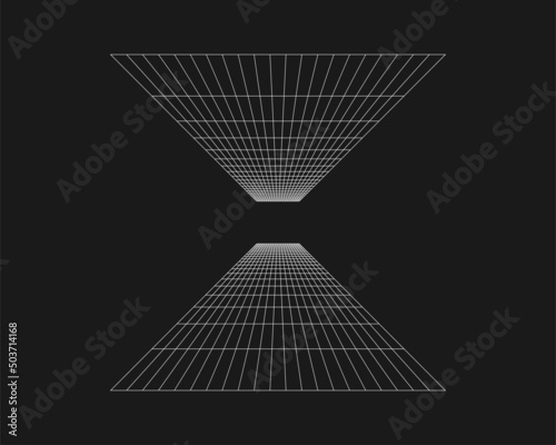 Cyber grid, retro punk perspective rectangular tunnel. Grid tunnel geometry on black background. Vector illustration photo