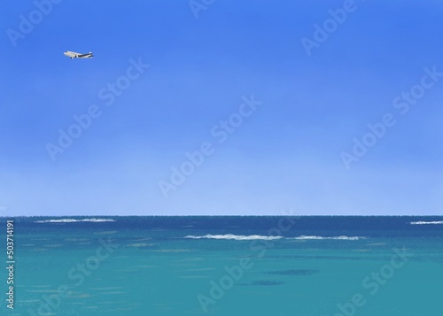 飛行機が飛んでいる青空と海の背景イラスト