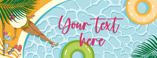 Beautiful girl sitting by the pool. Summer vibes. Mockup. Banner for your text. Vector illustration.