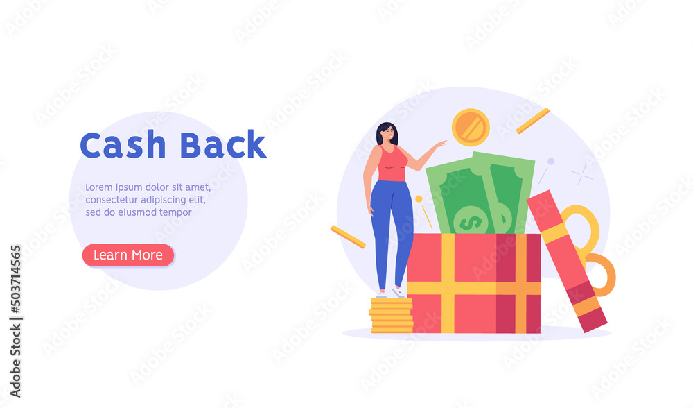 Woman stands on coins, next to a surprise box with money. Concept of cashback service, discount and loyalty card, customer service, online shopping, earn point. Vector illustration in flat design Woman stands on coins, next to a surprise box with money. Concept of cashback service, discount and loyalty card, customer service, online shopping, earn point. Vector illustration in flat design