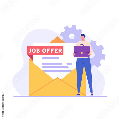Concept of job offer, recruitment search, start career, vacancy. We’re hiring poster. Man employee with case receiving mail with job offer. Recruitment search.  Vector illustration in flat design