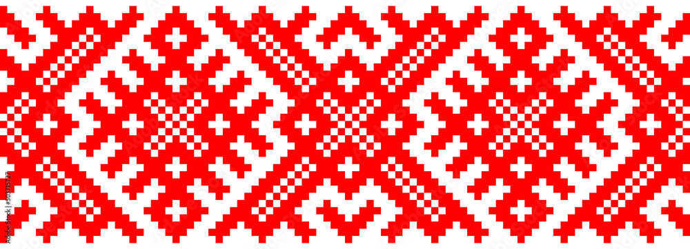 vector seamless pixel ethnic national slavic pattern isolated on white background. traditional ornament of Ukrainian and Belarusian embroidery - vyshyvanka.useful for print, wallpaper, textile, fabric - obrazy, fototapety, plakaty 