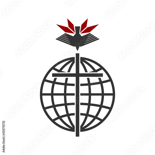 Christian illustration. Church logo. The cross of Jesus Christ on the background of a globe, from above a dove in a flame of fire.