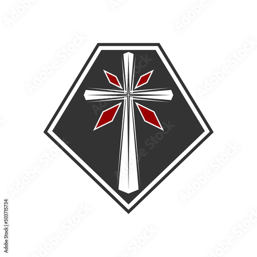 Christian illustration. Church logo. The cross of Jesus Christ on the background of the shield.