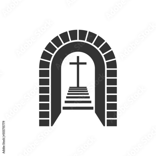 Christian illustration. Church logo. Staircase in the arch leading to the cross of Christ.