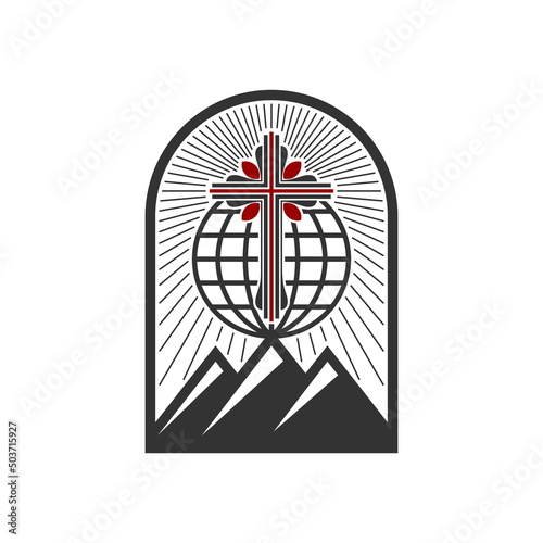 Christian illustration. Church logo. The cross of Jesus against the backdrop of a globe, mounted on a mountain.