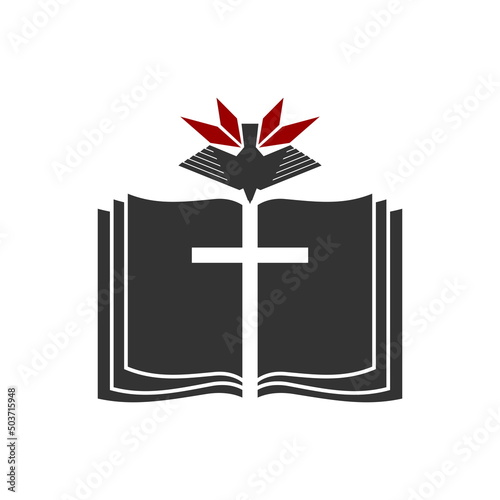 Christian illustration. Church logo. The cross of Jesus against the background of an open bible, on top is a dove - a symbol of the Spirit.