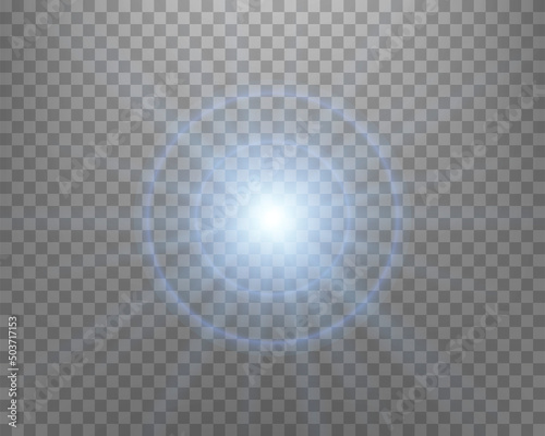 Blue sunlight lens flare, sun flash with rays and spotlight. Glowing burst explosion on a transparent background. Vector illustration