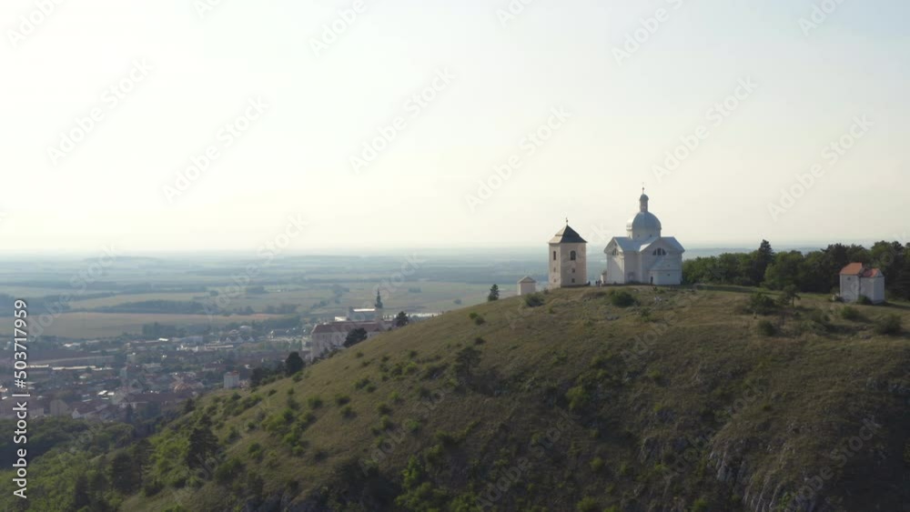 Saint Sebastian chapel and belfry on hill above Mikulov city, drone.