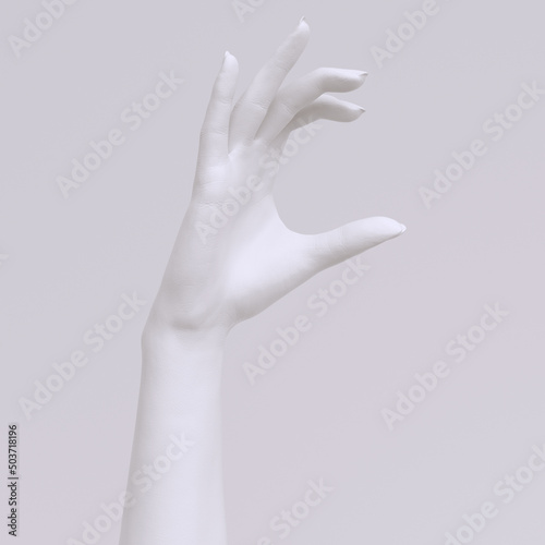 woman hand holding beauty care product or sizing pose 3d rendering elegant painted white hand showing some small object