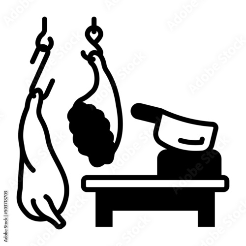 Butcher Shop with Knife Vector Icon Design, Eid al-Adha or Eid-ul-Kabir Symbol, Hajj Sign, Muslims religious Festival Stock illustration, Lamb Carcass Hang From Iron Hooks Concept