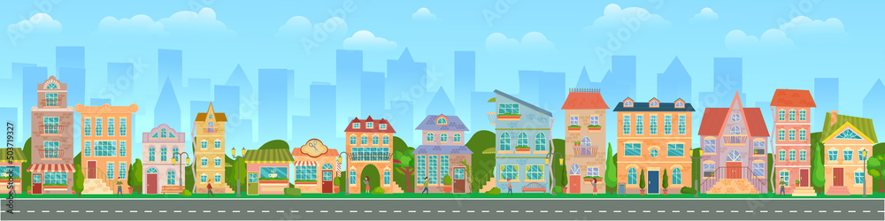 City street. Panoramic cityscape with bright houses, walking pedestrians. Shop and stores. Summer city. Vector illustration in cartoon style.