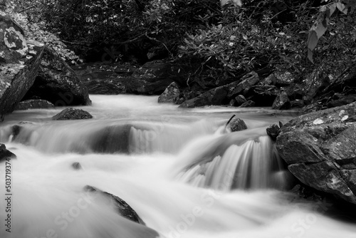 Black and white of water cascading over rocks in the Great Smoky Mountains