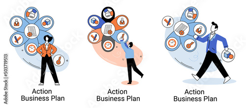 Action business plan, development strategies, foreseeing market risks. Company success secret, idea growing business achieve target metaphor, study production and sales market. Strategic biz planning