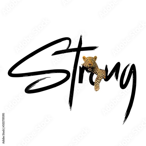 Photography Strong Leopard Typography illustration isolated on a white background for prints on demand, Slogan t-shirt, logotype , poster, and others