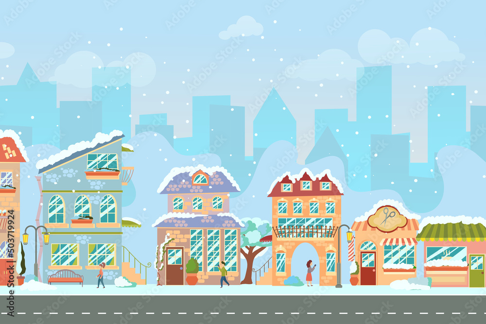 City street. Panoramic cityscape with bright houses, walking pedestrians, snow. Shop and stores. Winter city. Vector illustration in cartoon style.