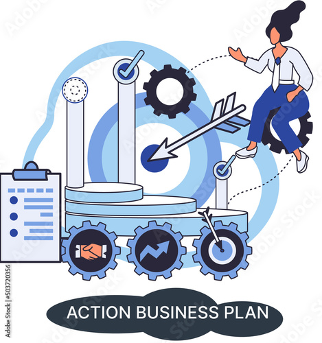 Action business plan, development strategies, foreseeing market risks. Company success secret, idea growing business achieve target metaphor, study production and sales market. Strategic biz planning