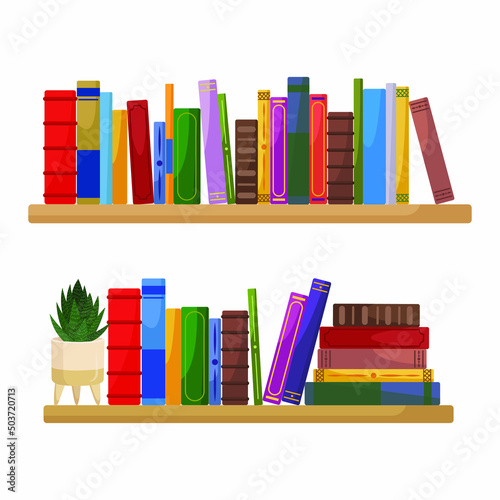 Bookshelf with books in a flat style isolated on a white background. A potted plant on a shelf with books. Great for a postcard, library, bookstore or website