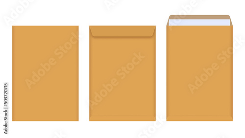 Brown envelope front and back on beige background. Letter top view. Vector illustration