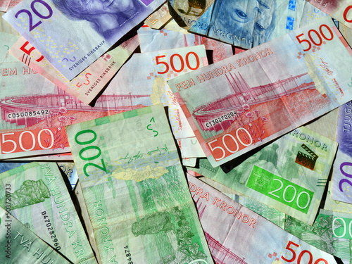 Close-up shot of Swedish currency in cash bills photo