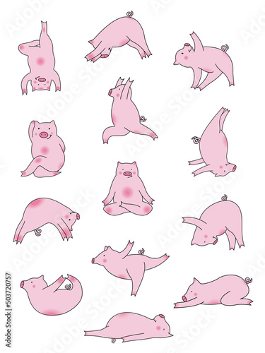 Yoga poses of funny cartoon pink pigs. Vector set of cute animal asanas isolated on white background.