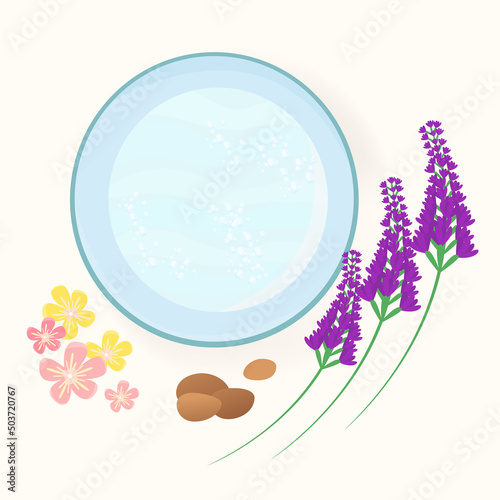 foot bath with lavender herbs and tropical flowers with hot stones. The concept of spa treatments and relaxation. Flat vector illustration