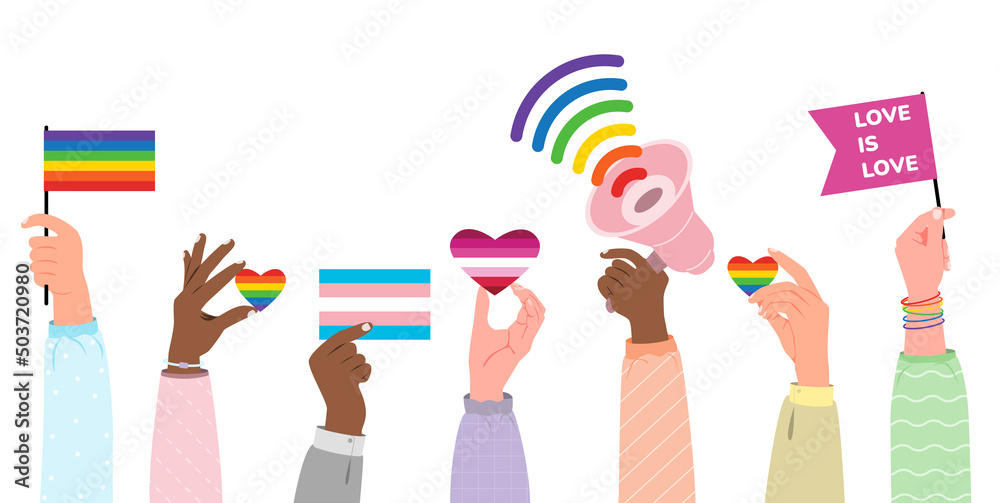 Vetor de People hold signs, banner and placards with lgbt rainbow ...