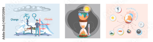 Global warming, climate change metaphor, natural disaster, deforestation, global heating, air pollution. Environmental accident on planet, ecological catastrophy warning icons world problem destroys