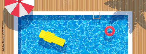 swimming pool top view summer vacation  mattress inflatable ring umbrella horizontal banner vector illustration