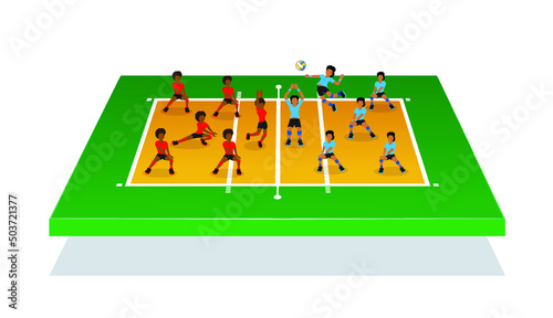 Isometric illustration for people playing volleyball on 3d volleyball field