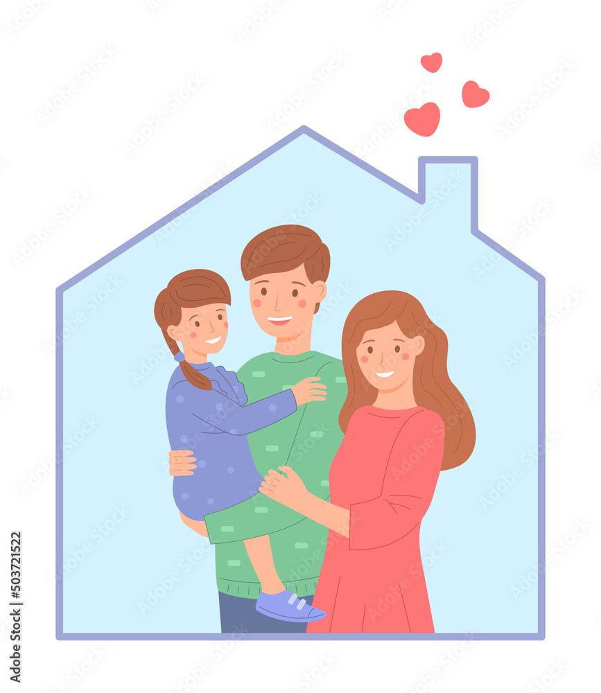 Young family kid together, flat style. Happy parents with a young daughter in the shape of a home. Family values. Cute illustration.