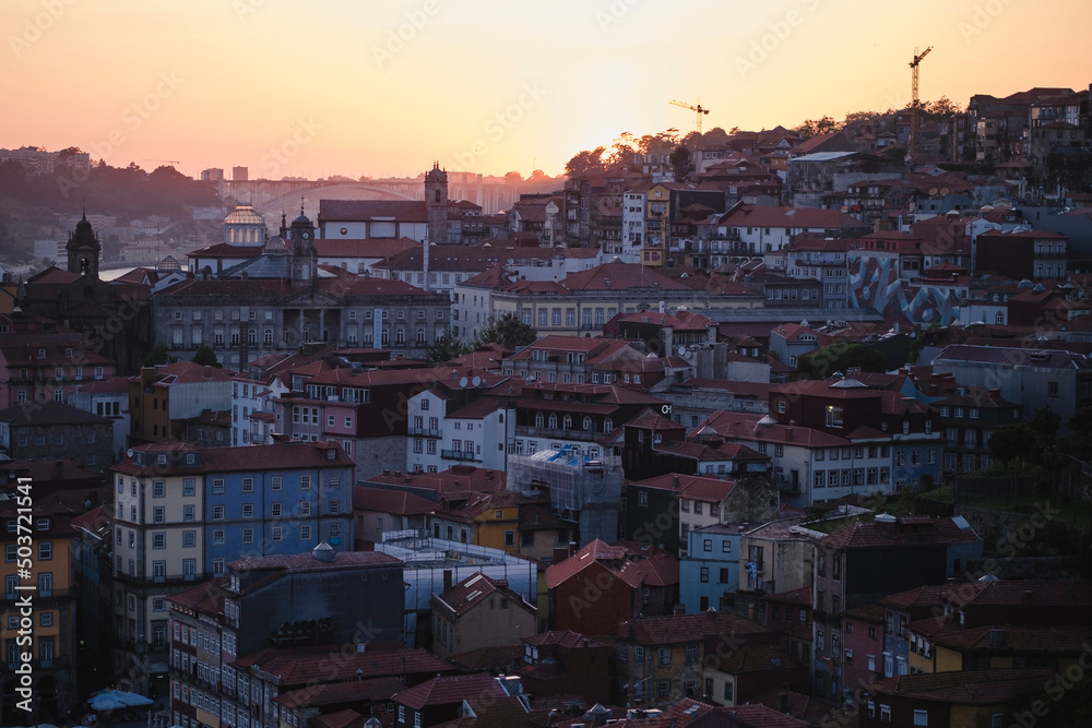A view of the houses in the center of Porto during sunset. Portugal.
