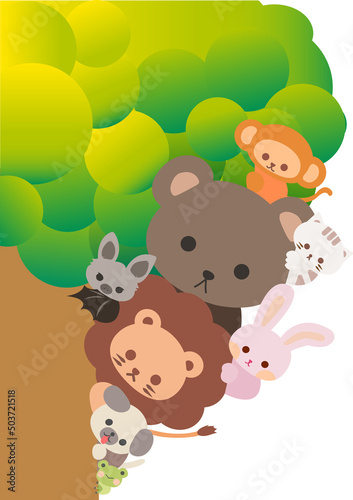Cute cartoon animals hiding behind the tree. Playing hide and seek. Cartoon animal character. Illustration  Vector  EPS10