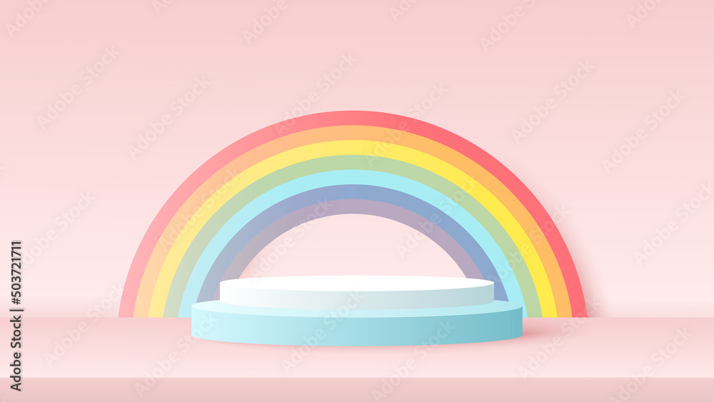 Podium platform to show product with rainbow on pink background. Vector illustration Podium platform to show product with rainbow on pink background. Vector illustration