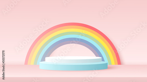 Podium platform to show product with rainbow on pink background. Vector illustration