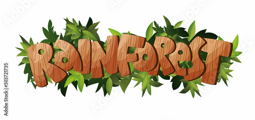 Rainforest hand lettering wooden text. Textured cartoon letters. Vector illustration.