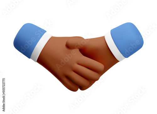 3d hand shake icon gesture. Vector cartoon black skinned handshake clip art. Realistic render deal illustration for social media