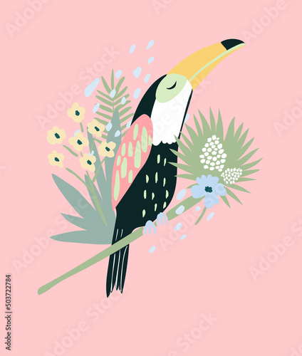 Cute toucan background with flowers and palm leaf. Cute illustration for girls, baby, or kids.