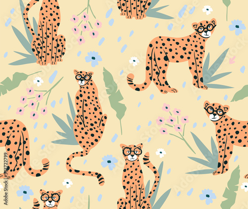 Cute hipster cheetah seamless pattern with flowers and palm leaf. Cute background for girls, baby or kids.